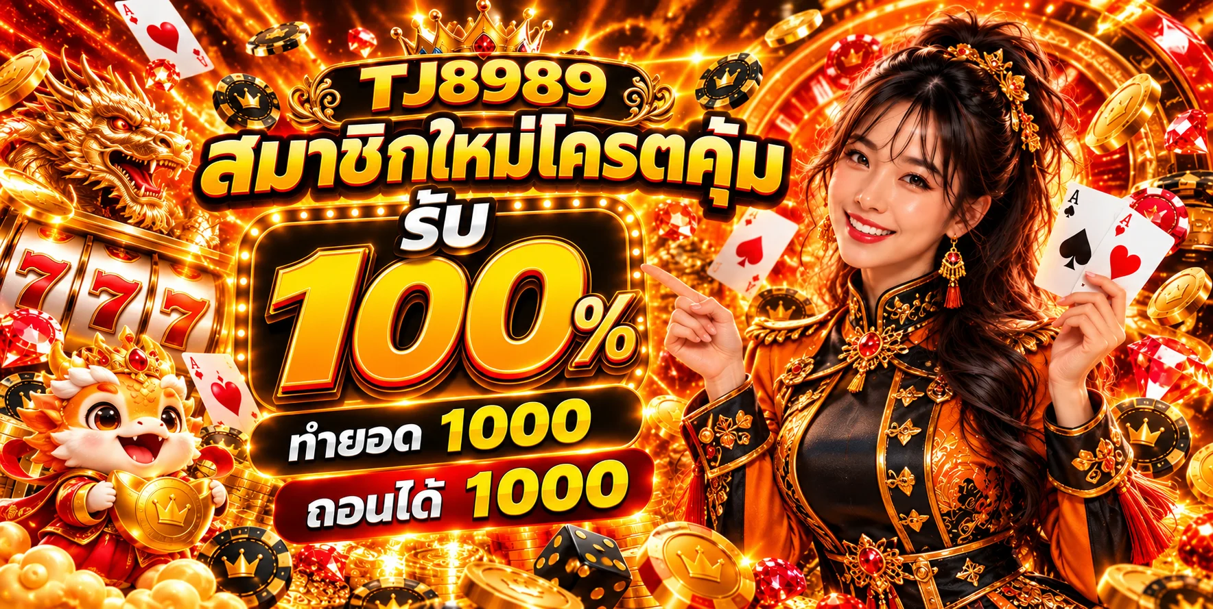 แบนเนอร์สล็อตออนไลน์ TJ8989 พร้อมตัวละครและมาสคอตเกม